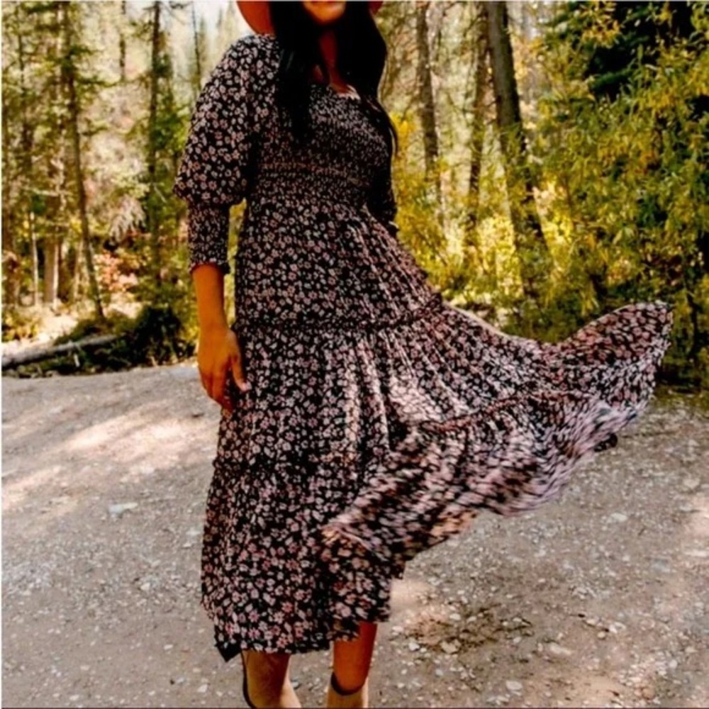 Ivy City Co Black and Pink Floral Maxi Dress